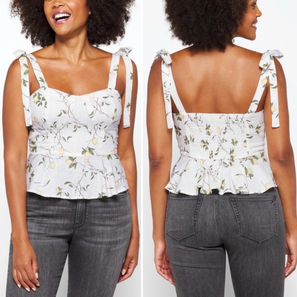 Daisy & Delilah NWT Amani Tie Strap Peplum Top Large Lemon Print Bustier Linen - Picture 1 of 16